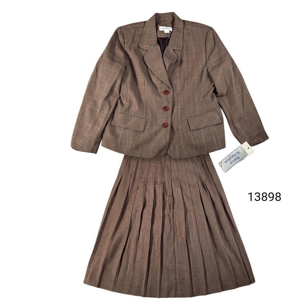 Norton McNaughton Skirt Suit Women 14 Brown Vintage Made In USA Plaid Deadstock